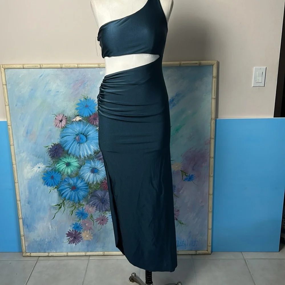 Eugenia Fernandez  One-Shoulder Teal Dress Ruched Side Maxi Open side small - Picture 3 of 17